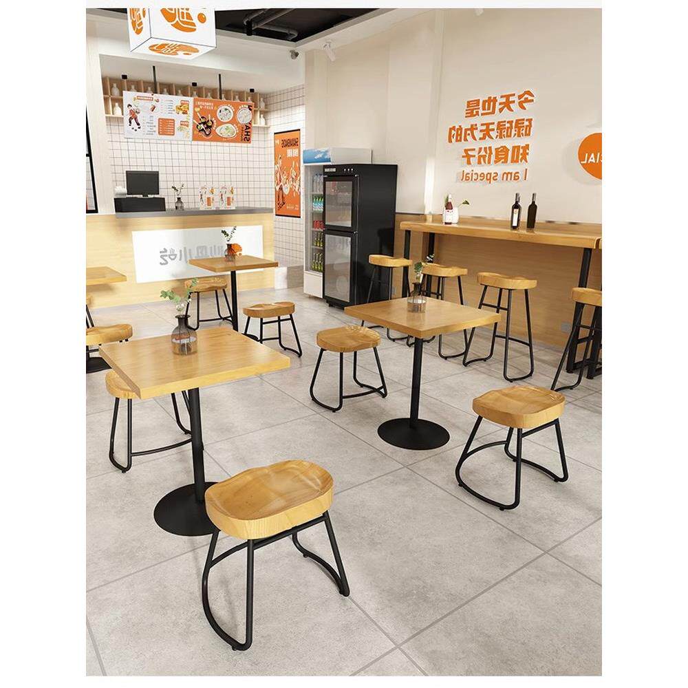 原木风餐厅汉堡店快餐店商用餐桌椅2人简约铁艺实木餐饮桌椅组合