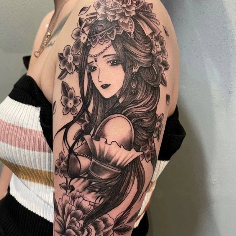 草本纹身贴纸樱花艺妓手臂果汁女男浮世绘艺伎纹身贴洗不掉防水
