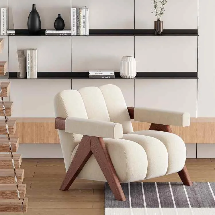 梦舒木语奶油风实木单人沙发椅休闲躺设计师懒人实木羊羔绒新品
