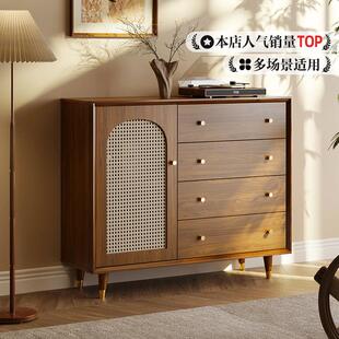 藤编餐柜靠墙一体置物柜客厅斗柜实木茶水柜覆古胡桃木储物柜子