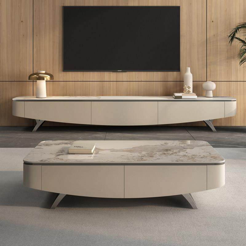 轻奢岩板悬空电视柜茶几组合简约现代小户型客厅高级感全实木地柜