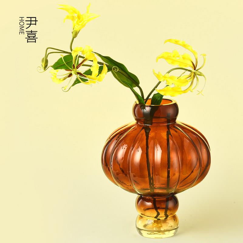 中古复古新中式灯笼形玻璃花瓶小口径花器客厅餐桌仿真花装饰摆件