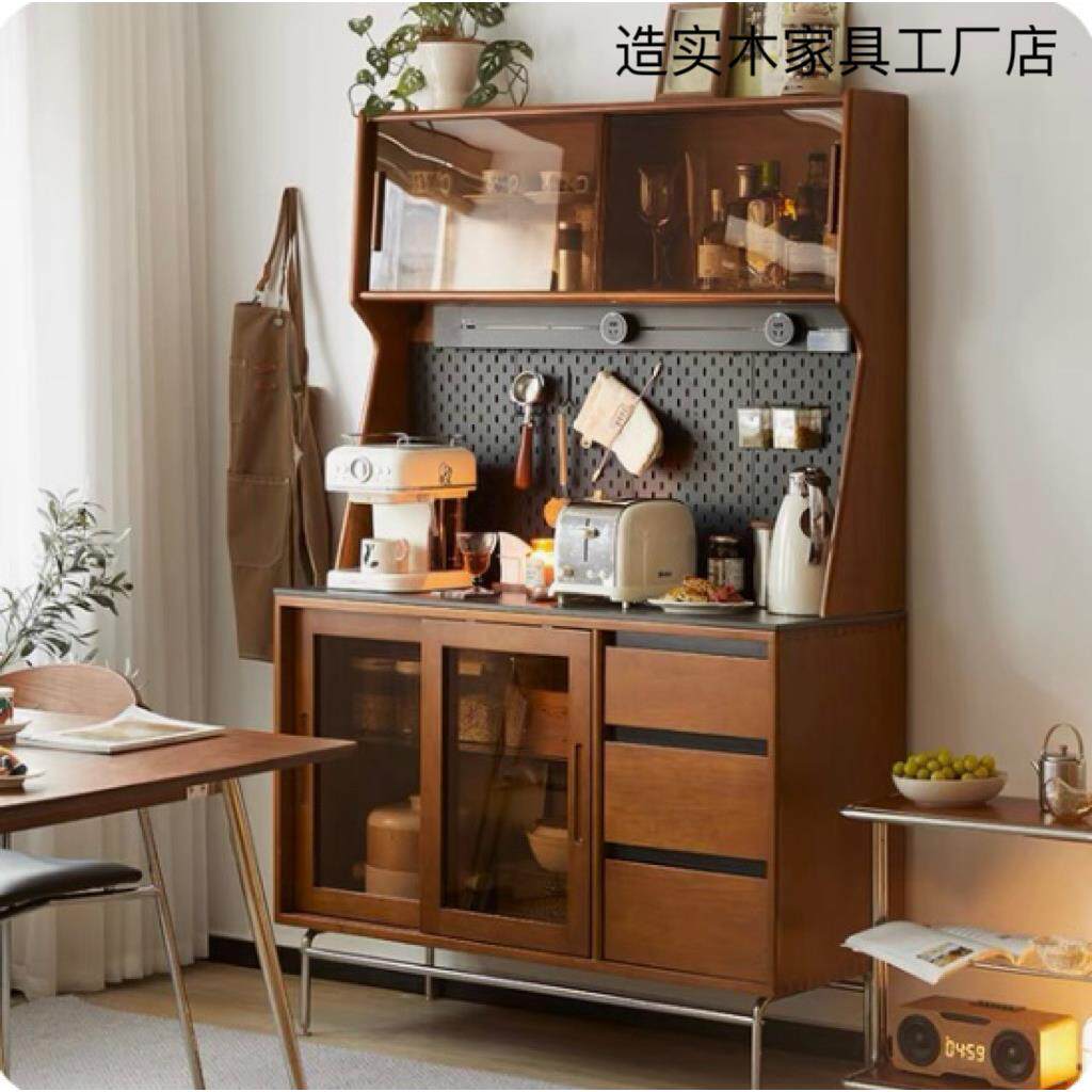 复古实木岩板餐边柜靠墙一体厨房储物柜双层简约咖啡柜茶水柜高柜