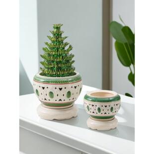 陶瓷花盆中式镂空室内客厅四季常青富贵竹水培植物盆栽带托盘花盆