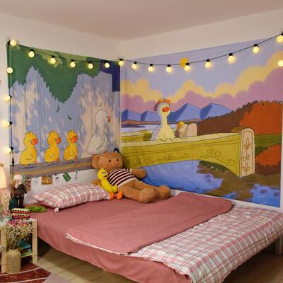 可爱鸭背景布女生卧室牀头挂布网红民宿租房宿舍布置墙布ins挂毯