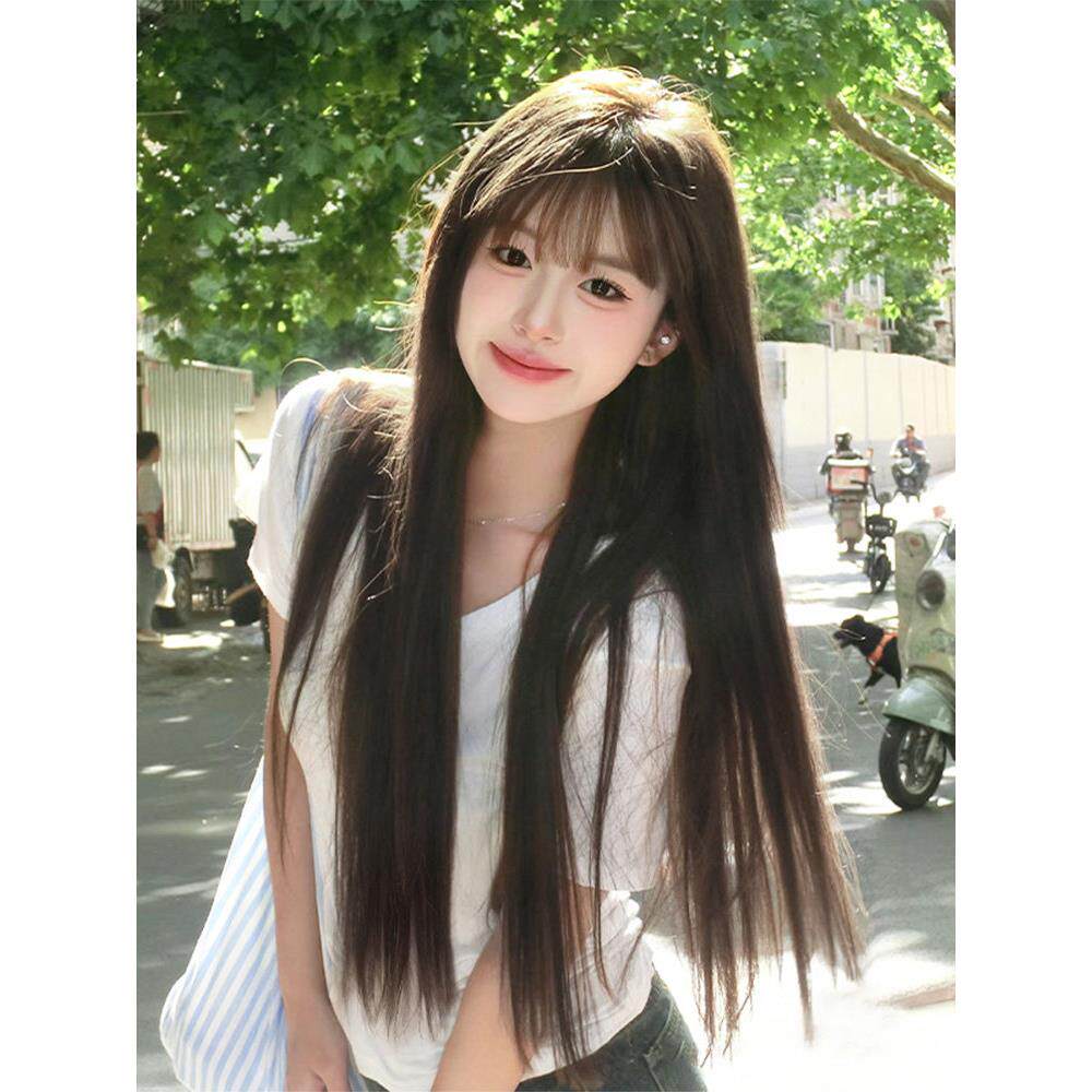 假发女长发一刀切棕色长直发圆脸lolita自然全头套黑长直假发