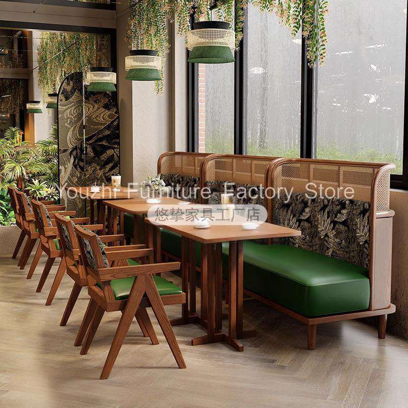 餐厅卡座沙发网红东南亚风格泰式藤编餐饮店茶楼简餐饭店实木桌椅