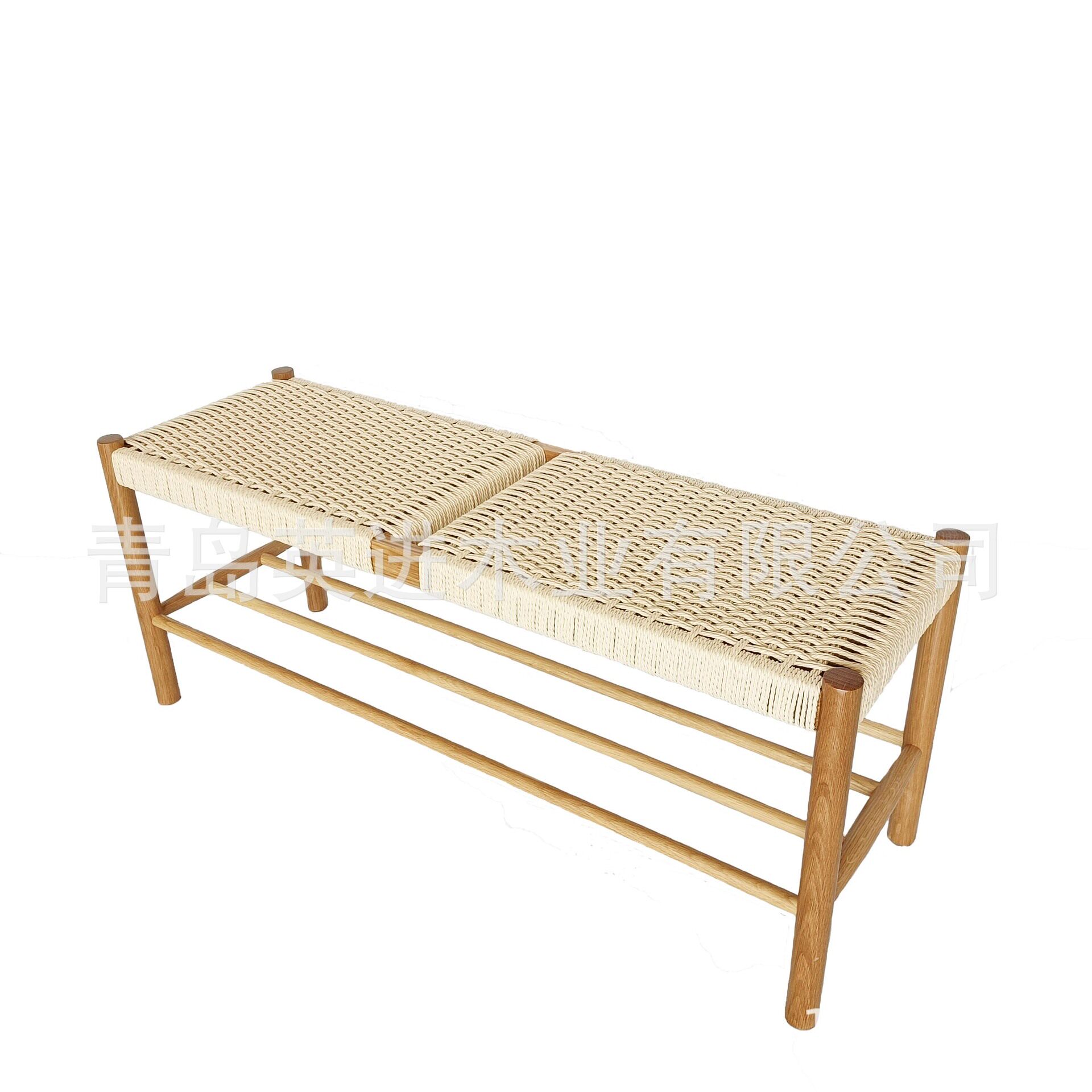 北欧实木藤编长条换鞋凳