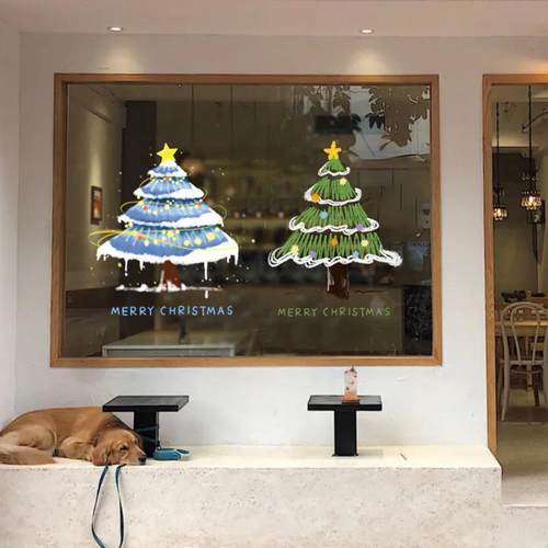 圣诞树节日氛围感装饰品静电玻璃门贴购物中心场景布置橱窗贴纸