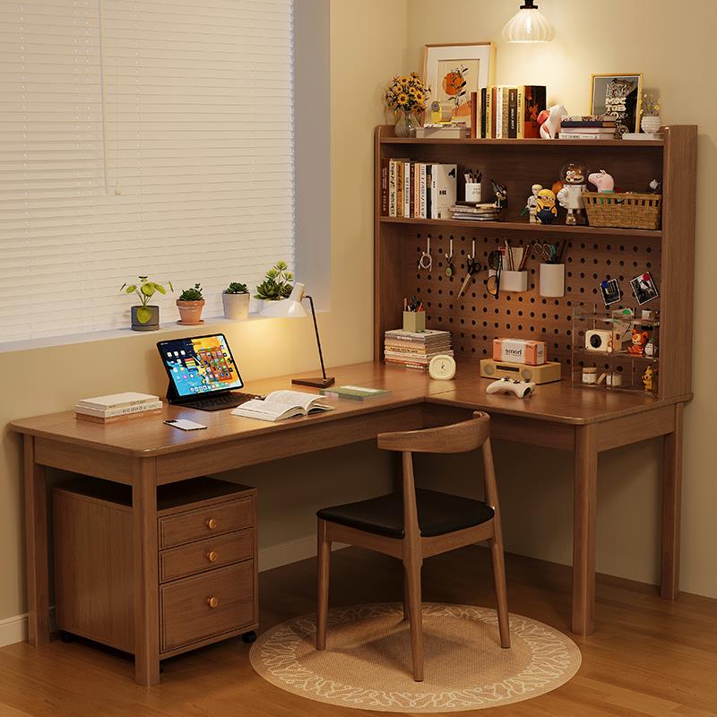 实木转角书桌书架一体桌L型办公家用桌卧室拐角电脑桌学生学习桌