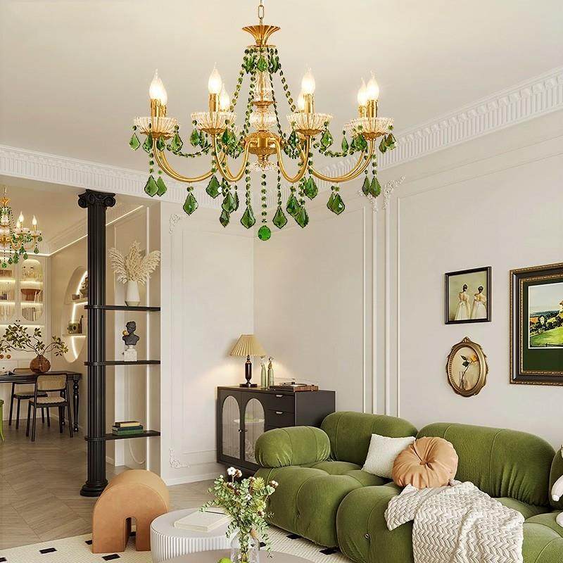 法式复古全铜墨绿水晶客厅灯欧式田园餐厅卧室黄铜蜡烛吊灯