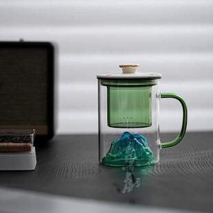 茶水茶杯茶杯带盖玻璃个人杯水杯翠山过滤专用耐热家用分离办公泡