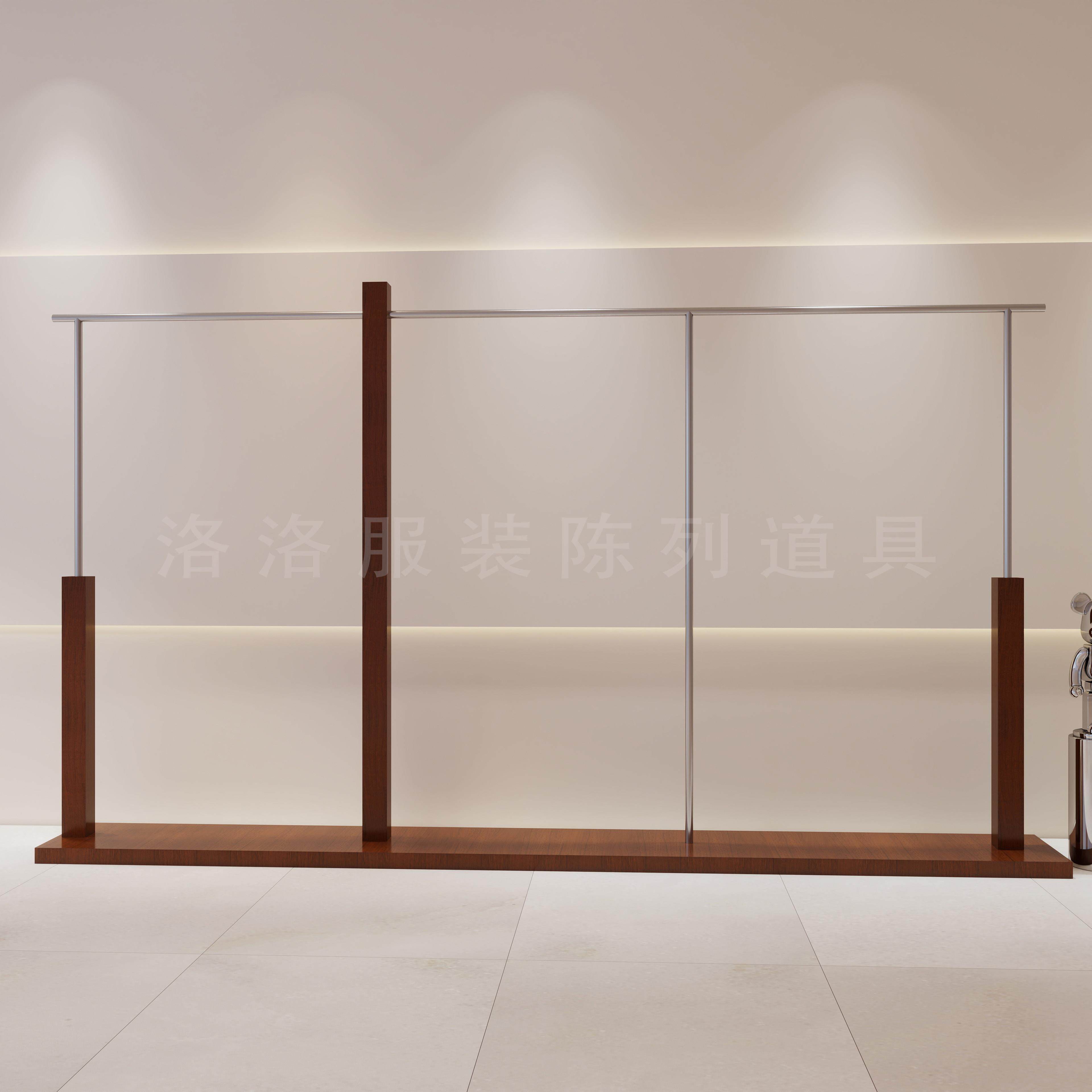 服装店展示架女装店不锈钢胡桃木色挂衣架仿原木中岛落地架挂衣杆