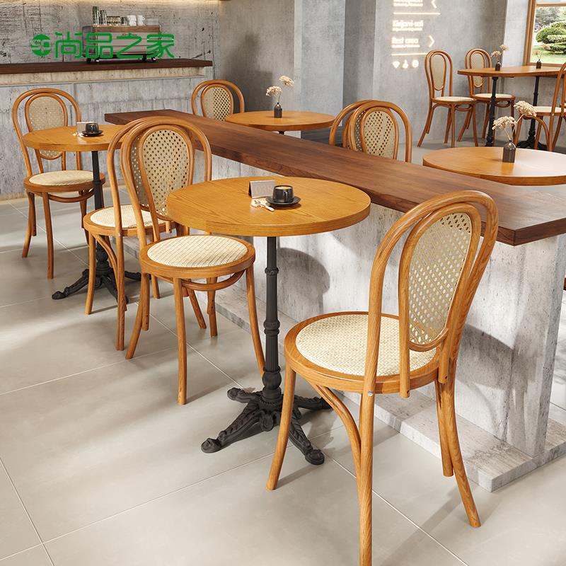 复古咖啡厅桌椅组合奶茶甜品店实木圆桌西餐厅烘焙店商用藤编椅子