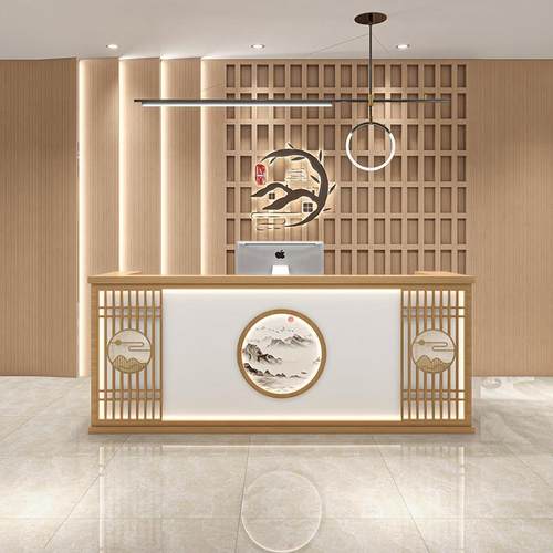 新中式收银台实木饭店吧台桌定制茶楼足浴采耳店养生馆前台接待台