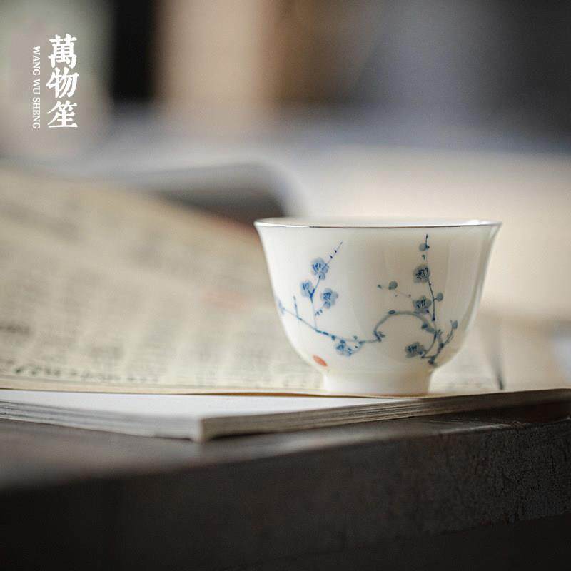 万物笙丨梅兰竹菊 玉泥薄胎青花手绘品茗杯描银茶杯陶瓷主人杯