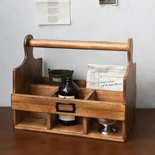 闻森家居覆古实木质手提篮分格杂物客厅桌面咖啡水杯子饮料收纳盒