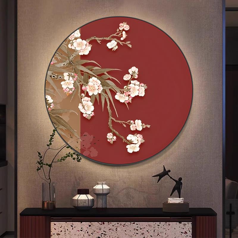 喜上眉梢圆形新中式玄关装饰画走廊过道壁画花鸟客厅led灯画挂画