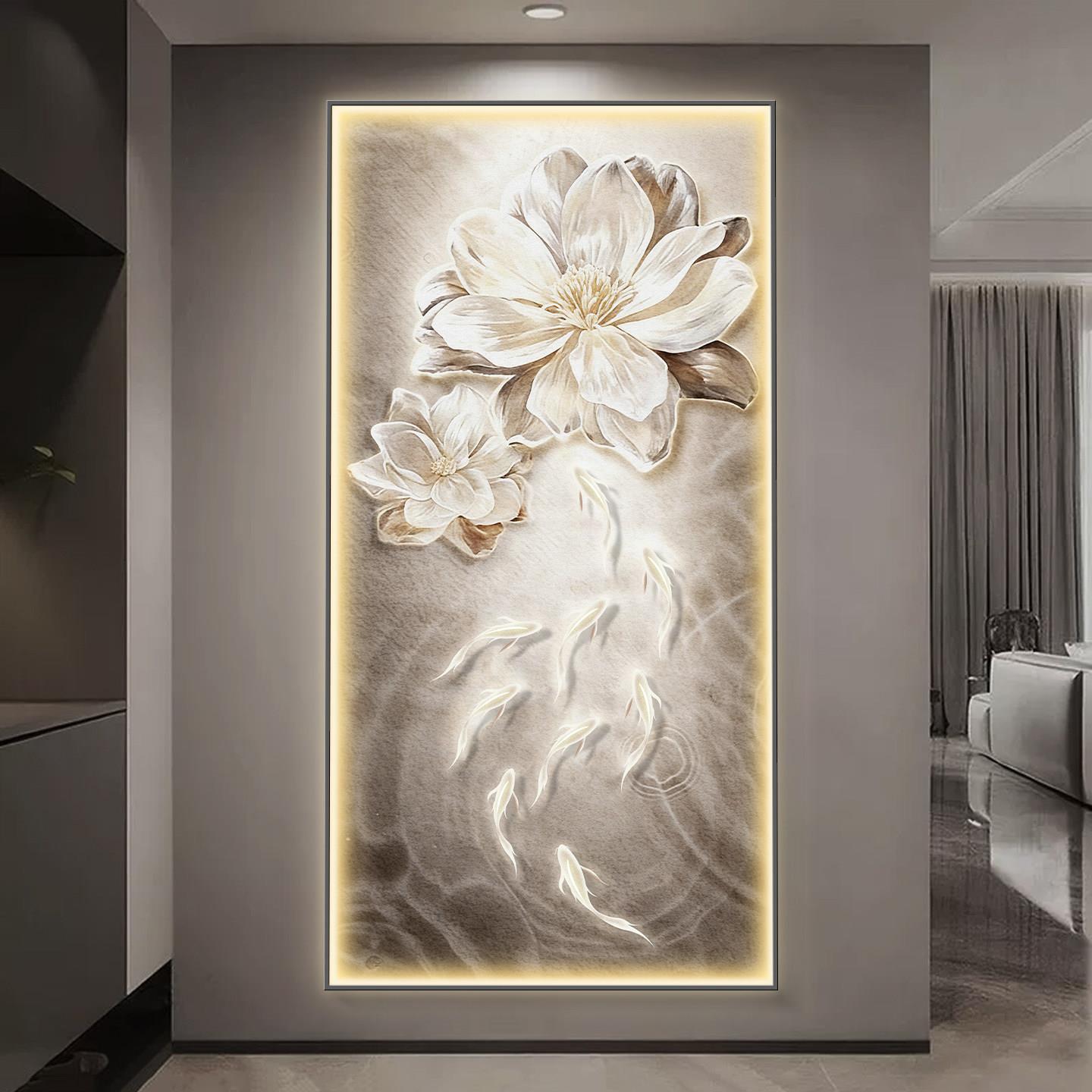 现代轻奢玄关装饰画九鱼莲花图过道走廊挂画入户正对门砂岩壁灯画