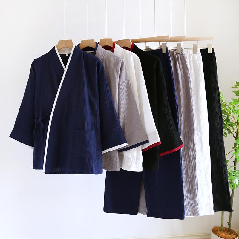 日系古风春秋男士和服汉服纯棉纱布睡衣大码200斤家居汗蒸服套装