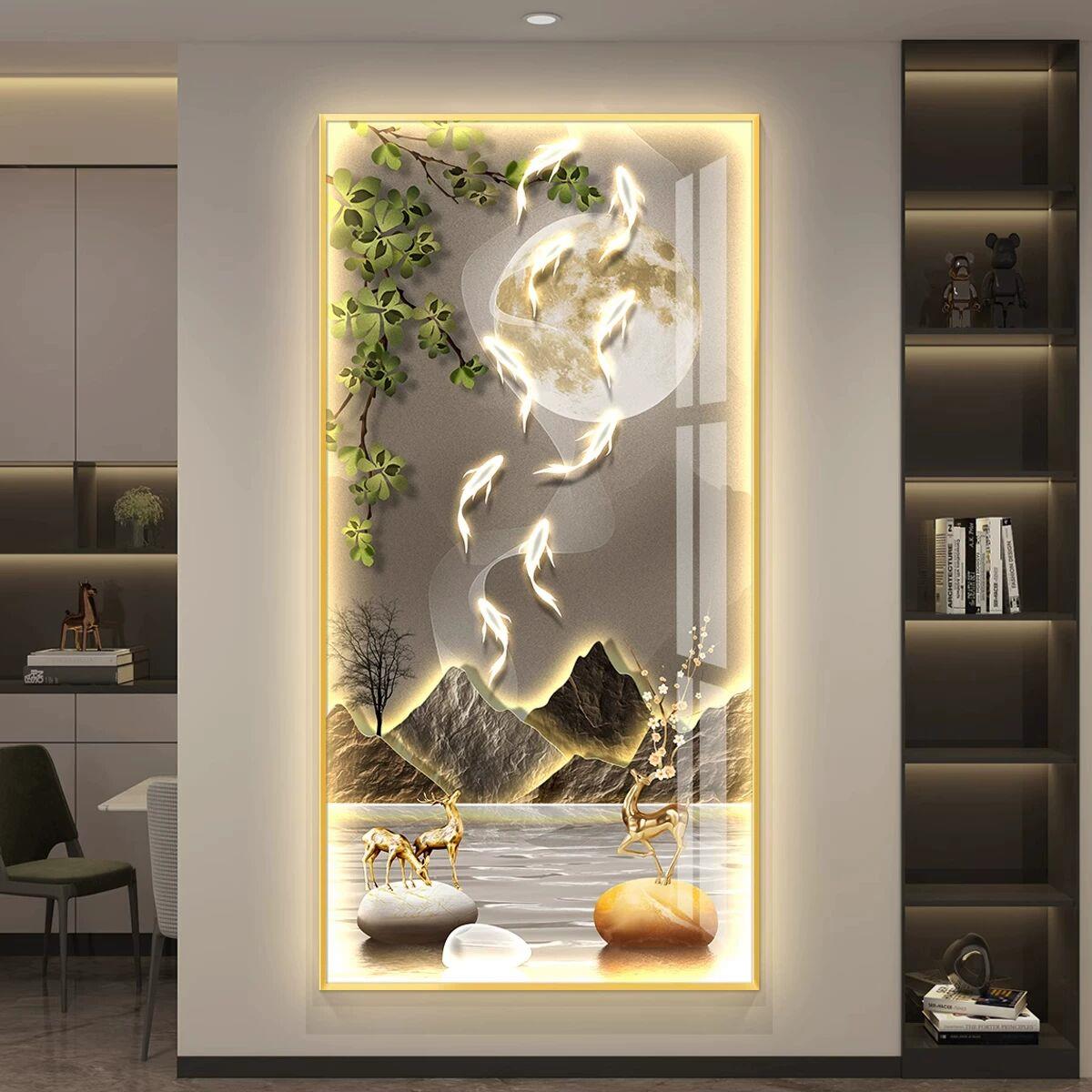 轻奢led带灯九鱼图入户玄关装饰画简约现代壁画走廊过道挂画竖版