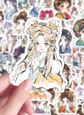 210张国风美少女绘画贴纸新款ins风高颜值手绘女孩插画少女心贴画