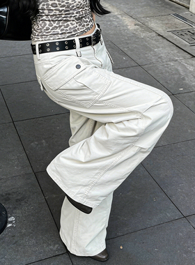 YGAN美式复古杏色cleanfit微喇工装裤女直筒显瘦百搭多口袋休闲裤