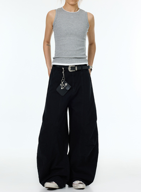 YGAN年少不知轻美式设计感cleanfit弯刀工装裤直筒宽松黑色阔腿裤