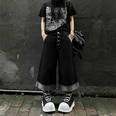 复古破坏排扣原牛色七分牛仔裤