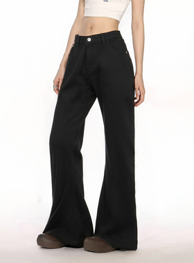 YGAN年少不知 巴黎bootcut黑色弯刀微喇牛仔裤复古做旧显瘦直筒裤