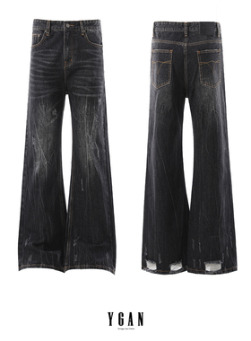 YGAN美式闪电纹水洗黑色微喇牛仔裤男女款直筒修身cleanfit裤子