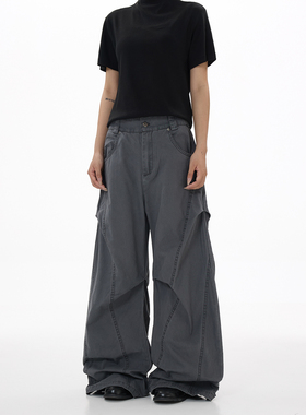 YGAN年少不知美式复古vintage垂感弯刀工装裤直筒宽松灰色阔腿裤