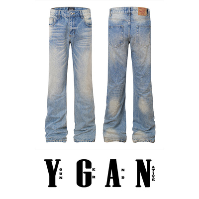YGAN年少不知 美式517大理石冰蓝色牛仔裤直筒微喇cleanfit休闲裤