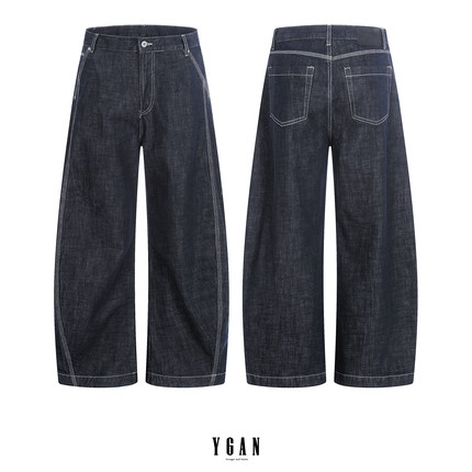 YGAN解构拼接丹宁深蓝美式弯刀牛仔裤男女阔腿宽松镰刀原牛裤