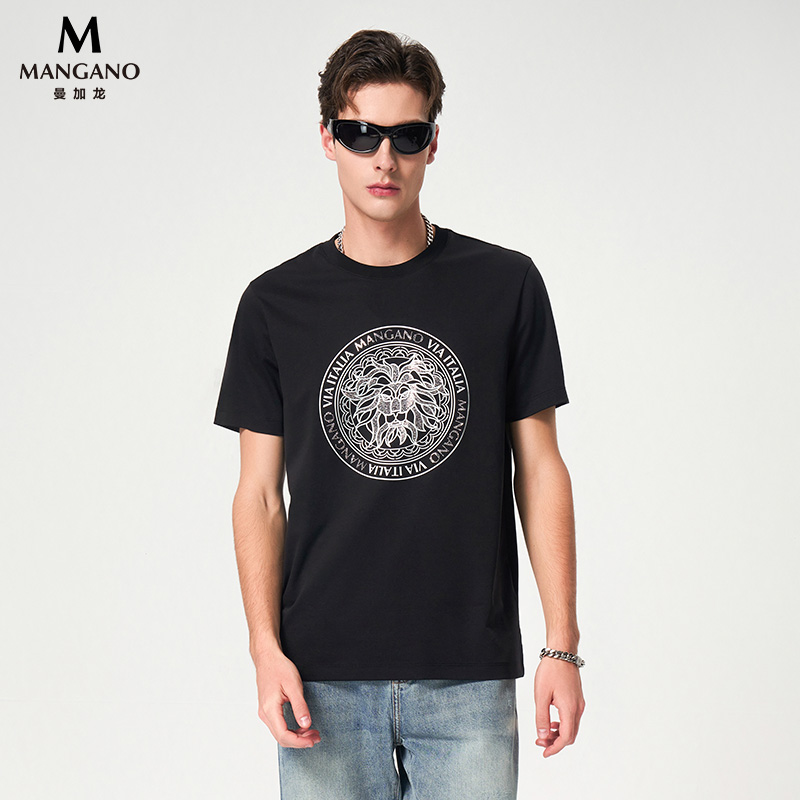 mangano狮子印花烫钻短袖T恤男
