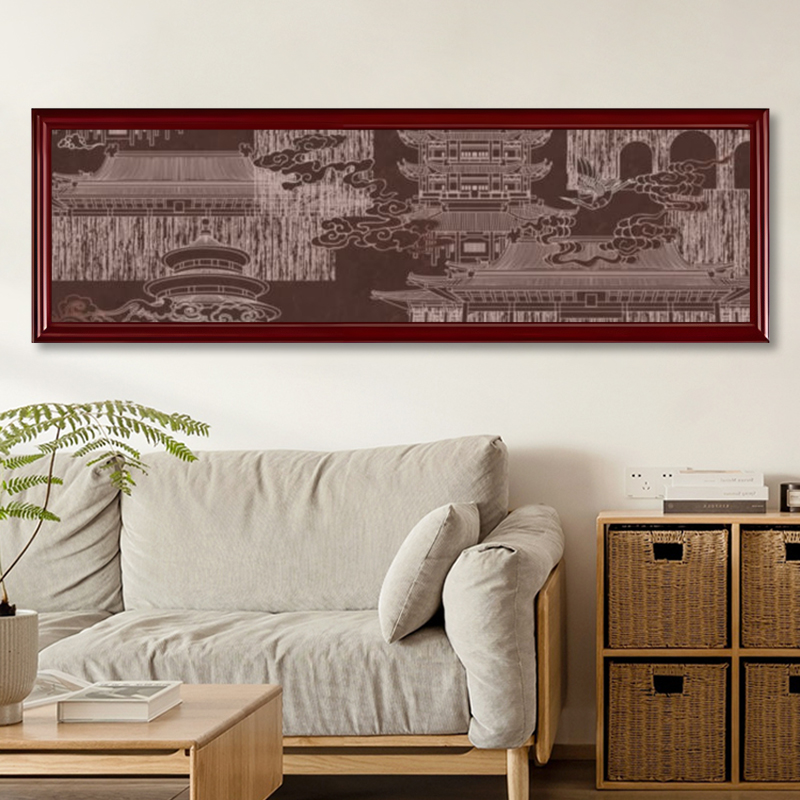 中式滕王阁建筑挂画客厅复古山水线条装饰画别墅玄关中古风壁画图片