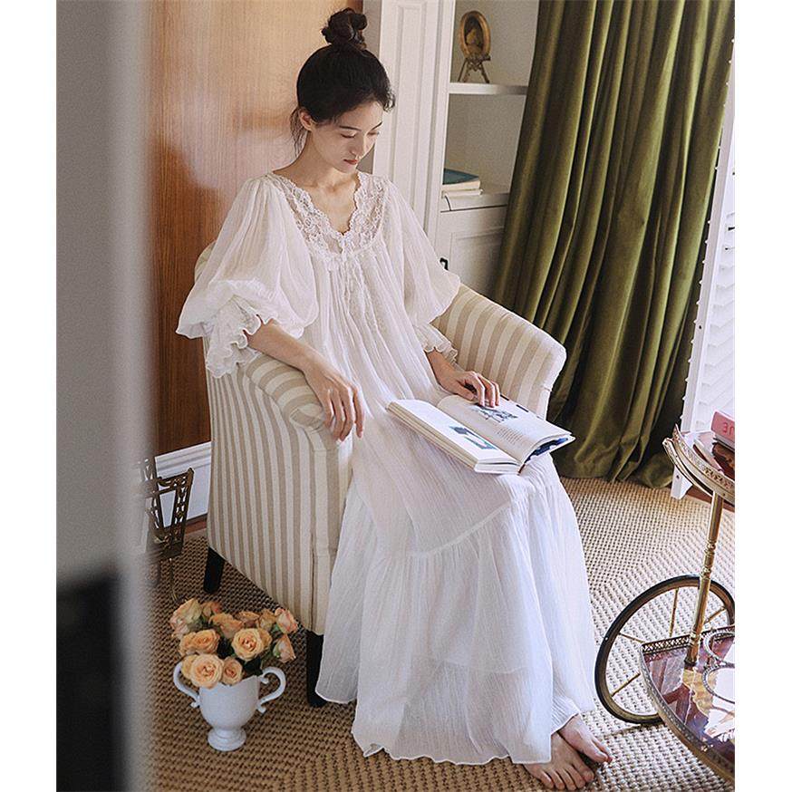 宫廷风纯棉睡裙女春季长袖甜美公主睡衣女蕾丝花边宽松大码家居服