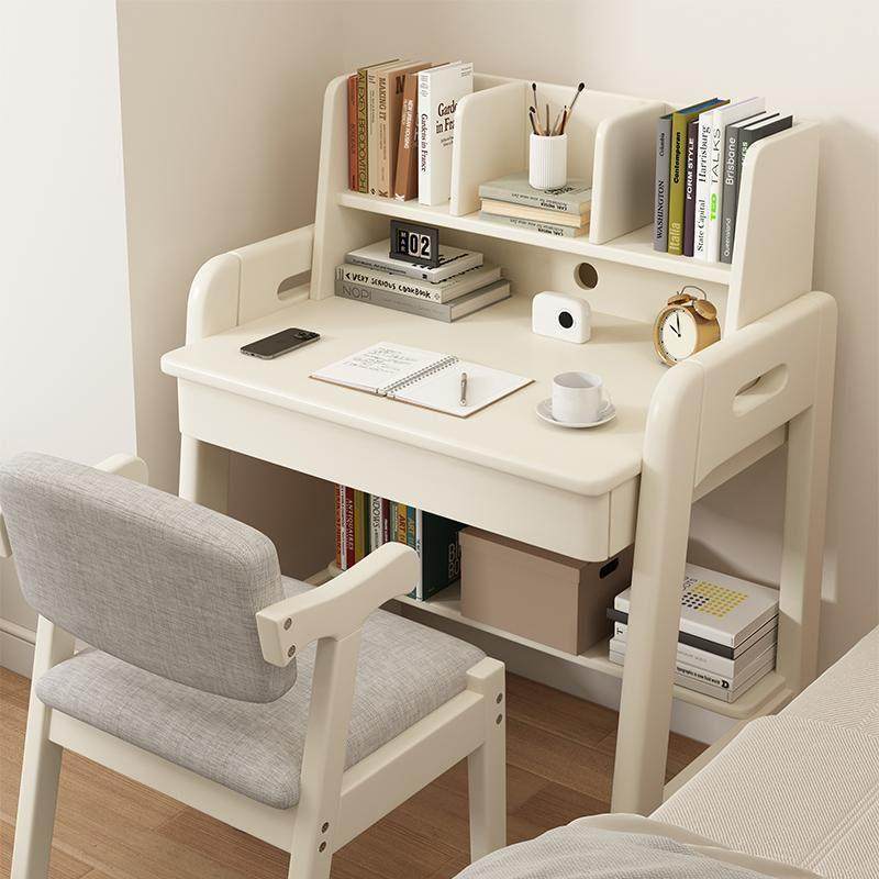 简约实木小书桌家用中小学生书桌带书架一体卧室儿童课桌椅组合