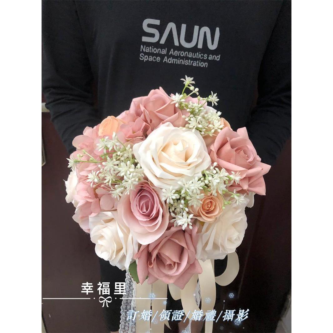 幸福花束新娘婚礼人造玫瑰花束莲藕粉红香槟颜色证书花球原创设计