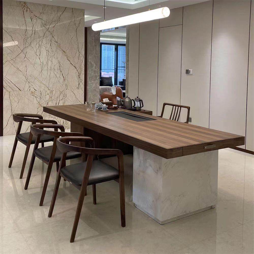 新中式岩板实木茶桌椅组合家用简约茶室泡茶台北美黑胡桃木茶桌椅