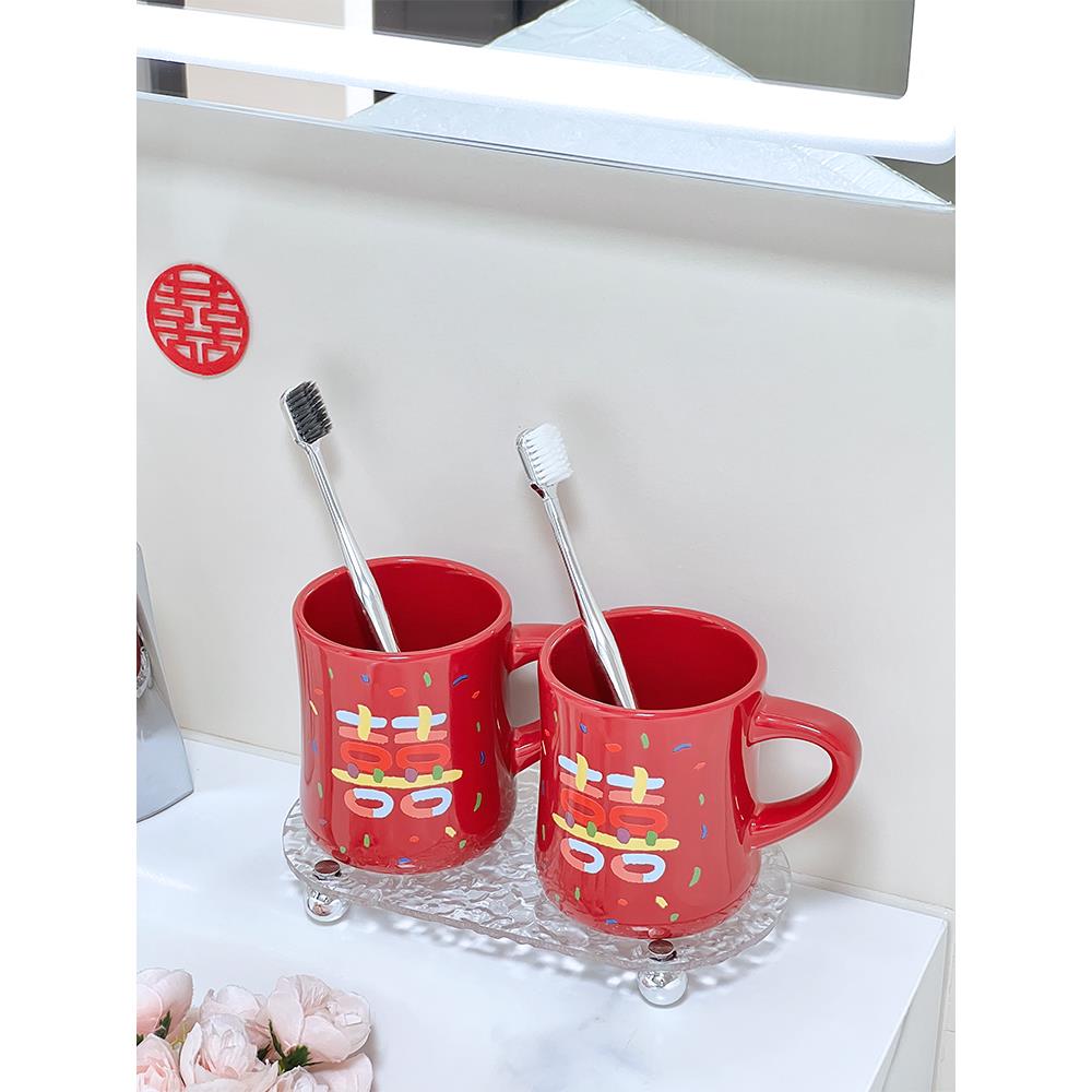 致范新婚陶瓷漱口杯结婚牙刷杯子套装套红色一对洗漱情侣陪嫁用品