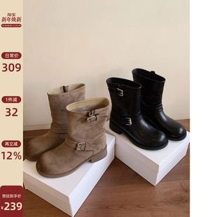 冬低跟皮带扣中筒骑士靴 爆款 Chio2nd南风 4CM增高短靴子2025新款