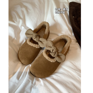 加绒鞋 Chio2nd南风 秋冬超软蝴蝶结晚晚鞋 女平底鞋 子 真皮豆豆鞋