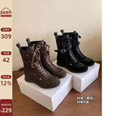 Chio2nd南风 4cm增高真皮短靴复古真皮机车靴绑带马丁靴女款 靴子