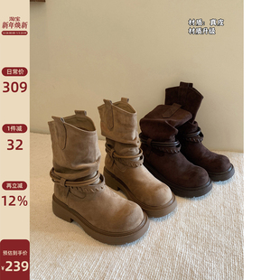 Chio2nd南风5.5cm增高短靴女2025新款 真皮机车麂皮靴棕色靴子 秋季