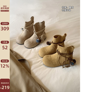 Chio2nd南风 4cm增高2025超火小短靴真皮复古秋冬毛球小靴子女款