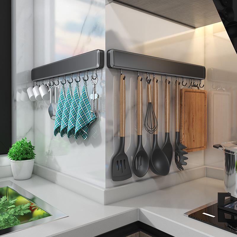 厨房挂杆免打孔锅铲挂钩排钩墙壁壁挂墙上置物架厨具挂架太空铝