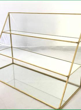 三角玻璃首饰展示架 耳环挂架 金色铜边化妆品收纳架 黄铜三角架