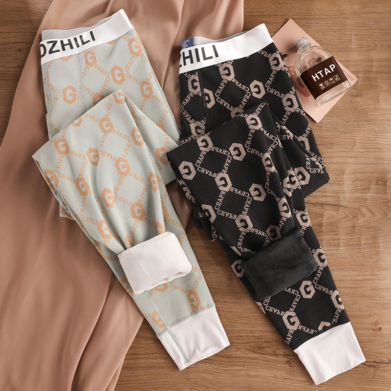 男士保暖裤加绒加厚秋裤潮男青年字母修身防寒打底裤棉毛裤秋冬季