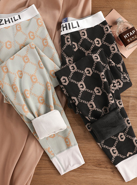 男士保暖裤加绒加厚秋裤潮男青年字母修身防寒打底裤棉毛裤秋冬季